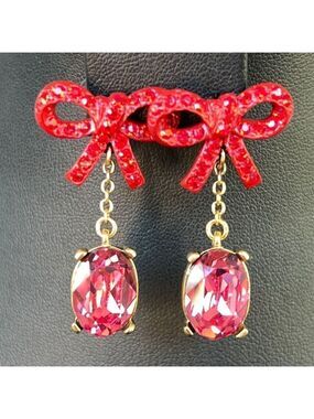 Elegant Red Bow Gold Crystal Post Earrings Oscar de la Renta